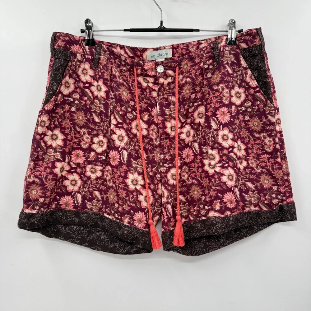 Sundance‎ Floral Print Shorts Women's Large Coral Tassel Drawstring Boho Chic